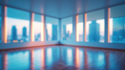 Poster - Blurred background of a bright and spacious modern apartment interior with large windows showcasing a stunning view and enabling natural light to illuminate the open floor plan.
