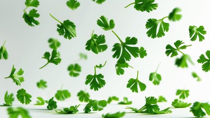 Poster - Falling Coriander leaf isolated on background, with selective focus.