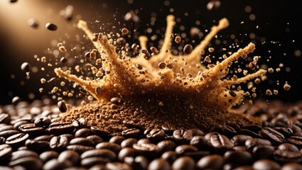 Poster - Explosion of ground coffee with roasted beans set against a background.