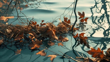Aufkleber - Fallen leaves arranged along a stream bed.
