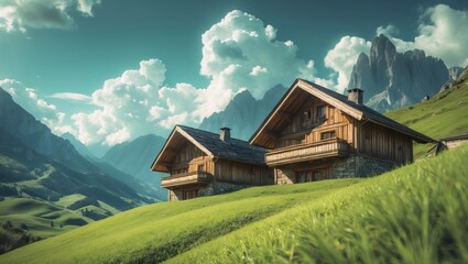 Poster - Discover the Scenic Dolomites Adventure Charming Alpine Cabins Situated Amongst Grand Mountain Peaks