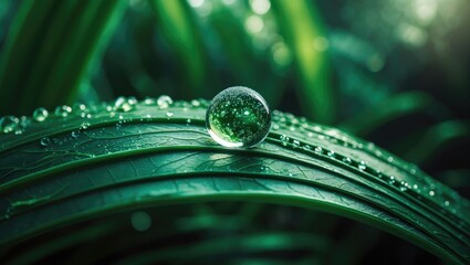 Poster - Drop of water on palm leaf, dark green foliage, nature background.