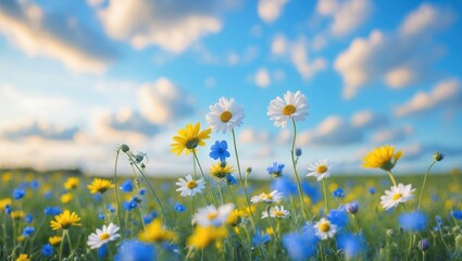 Poster - Beautiful field meadow flowers chamomile, blue wild peas in morning against sky with clouds, nature landscape, close-up macro. Wide format, copy space. charming rural airy artistic scene.