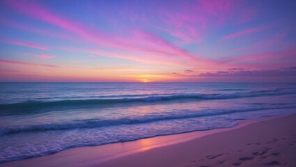 Poster - Dramatic Sunset over the Ocean. Evening sunrise over the sea with vibrant clouds. Stunning cloudscape above the sea waves and sandy tropical beach, ocean coast sunrise. Travel photo with copy space