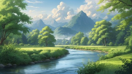 Poster - Amidst the mountains, a river flows gently through lush greenery, with clouds looming overhead, fostering a peaceful atmosphere that encourages contemplation and connection with nature.