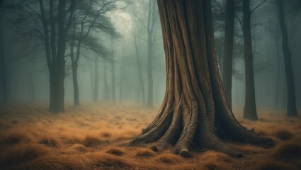 Poster - Morning foggy forest scene featuring tree trunks on dewy grass.