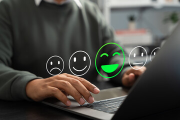 Canvas Print - customer using tablet give five star rating, submit satisfaction survey through online application. 