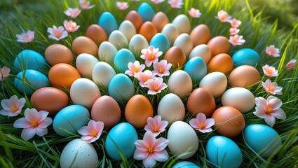 Poster - Easter eggs scattered on the grass as part of the Easter concept.