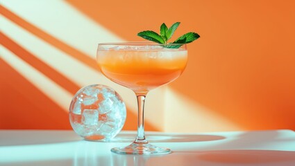 Aufkleber - Elegant stemware glass of fresh orange cocktail with large ice ball on table surface, vibrant background.