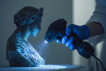 Fototapete - Handheld 3D scanning device being operated by an engineer scanning a sculpture. Blue light pattern projected onto the surface, while the operator wears safety gloves.