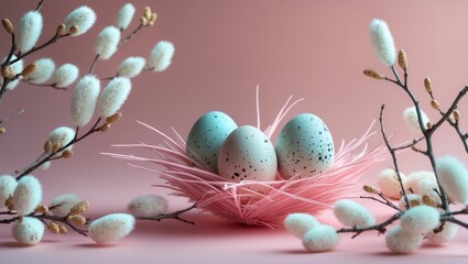 Poster - Easter pink composition featuring Easter eggs and willow branch on a pastel pink background. Flat lay, top view, ample space for copying.