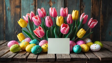 Poster - Holiday card featuring Easter eggs and tulips with ample copy space on a wooden background.