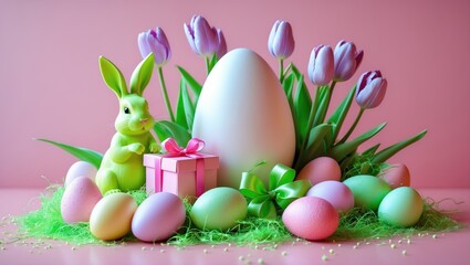 Poster - Easter eggs, decorative rabbit, gift box, tulip flowers, and paper egg on a pink background