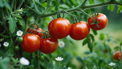 Aufkleber - Vibrant red tomatoes on the farm suitable for web design and decoration, fresh and ripe tomatoes harvested directly from the farm, close-up or macro shot of tomatoes on a tree, climber, or vine