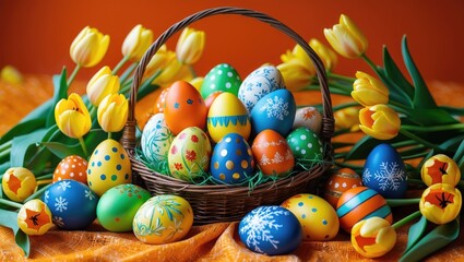 Poster - Easter eggs and stunning tulips arranged on an orange background, flat lay. Space for text