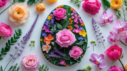 Poster - Easter egg shape composed of vibrant flowers and leaves. Minimal holiday theme. Flat lay arrangement.