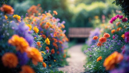 Aufkleber - Blurred Background of a Tranquil Garden Pathway Encircled by Colorful Flowers and Dense Greenery in a Sun-Dappled Forest Environment. Blurry Background for Design Projects.