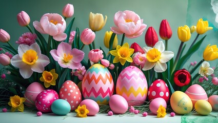 Poster - Easter eggs and beautiful spring flowers flying on pastel green background, creating a vibrant and cheerful scene.