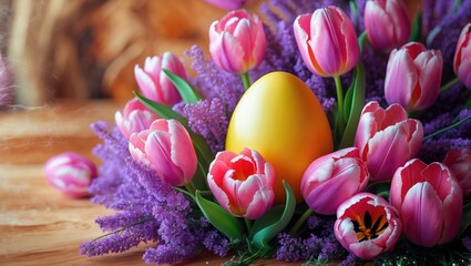 Poster - Easter eggs and stunning tulips arranged on a wooden background, closeup shot with space for text.