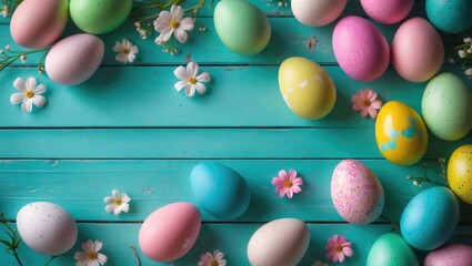 Poster - Top view frame of Easter eggs on a bright blue background