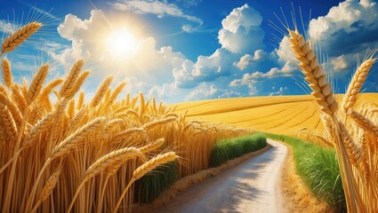 Poster - Golden wheat field against the backdrop of hot summer sun and blue sky with white clouds. Road leading into the horizon. Stunning summer scenery.