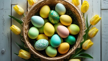 Poster - Easter eggs placed in a wicker basket alongside stunning tulips on a white wooden table.