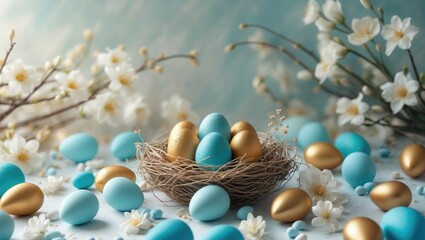 Poster - Easter eggs with blossoms and spring flowers arranged in a nest on a white background. Natural Easter greeting card. Top view. Copy space.