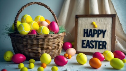Poster - Easter Eggs alongside tennis balls in a playful display.