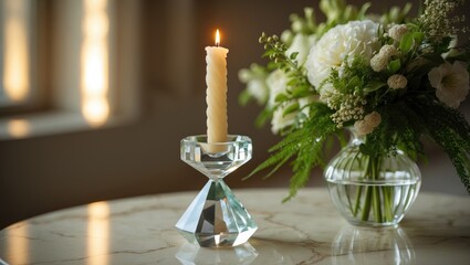 Poster - Elegant table setting featuring a tall white candle in a glass holder and a floral centerpiece on a marble surface.