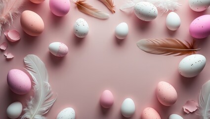 Poster - Easter background featuring pink and white colored eggs decorated with feathers within a holiday frame, leaving empty space for copying. Spring backdrop.