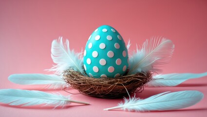Poster - Easter egg nestled in a nest on a pink background. Copy space.