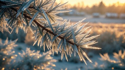 Aufkleber - Frost-covered pine needles in a winter landscape, highlighting the intricate beauty of nature. The close-up reveals the delicate ice crystals on the foliage.