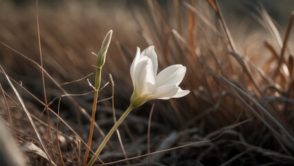 Poster - Close-up image of delicate white crocus flower with dark purple stripes rising from dry grass and twigs on early spring forest floor blurred background soft natural light