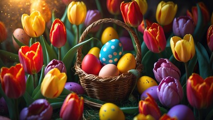 Poster - Easter eggs and stunning tulips on a beige background, flat lay arrangement