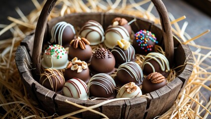 Poster - A basket filled with colorful, delicious donuts. A wide selection of chocolate pralines, Belgian gourmet chocolate confections in a wooden basket.