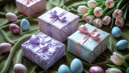 Poster - Easter eggs along with gift boxes and tulip flowers displayed on a green grunge background
