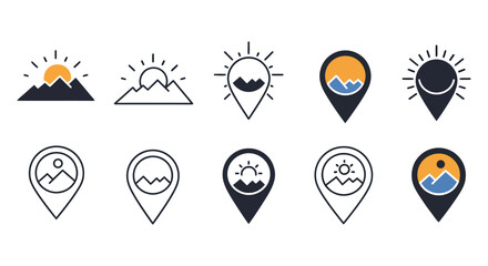 Poster - Mountain and sun vector icons with map pin designs for travel and adventure themes vector illustration