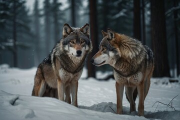 Naklejka na meble Two Wolves Standing Alert in a Snowy Winter Forest Landscape