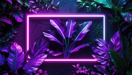 Fototapete - Dark pink neon light and tropical leaves background with a rectangle frame and horizontal banner.