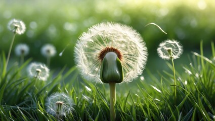 Poster - Closed Dandelion bud with white dandelion blooms amidst a grassy field.