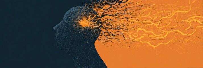 Poster - Exploding Lines From Temple Symbolize Anxiety and Stress in a Stylized Head Illustration With Vibrant Orange and Dark Background
