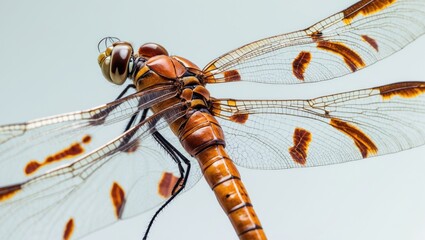 Close-up macro of Dragonfly's body and pattern on the left hindwing and forewing against a background.