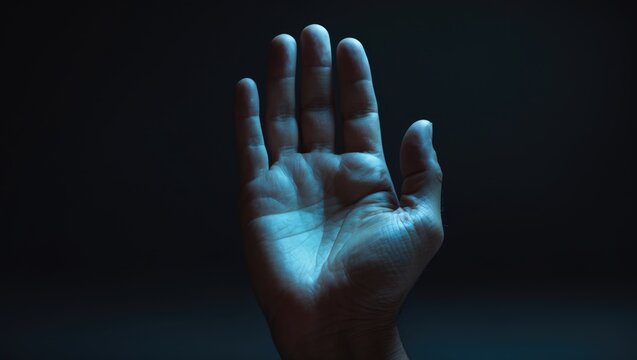 Dramatic color image of male hand demonstrating ASL American Sign Language letter F with blank space for editors