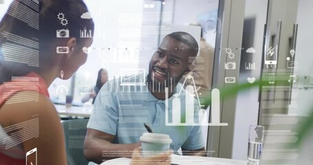 Poster - Woman extending coffee initiating business meeting and colleague writing notes as charts animating