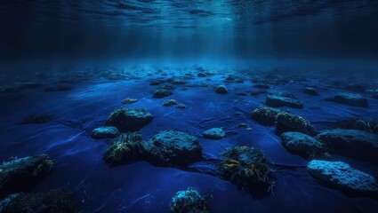 Wall Mural - Down below, on the ocean bottom, lies a deep sea characterized by a deep blue color.