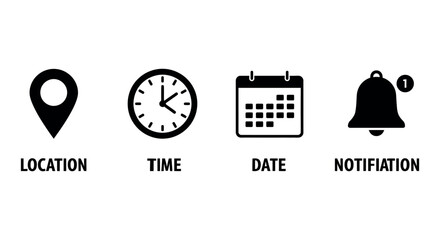 Poster - Essential icon set featuring location, time, date, and notification symbols for design projects vector illustration