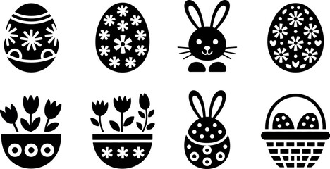Poster - Vector easter bunny eggs flowers basket clip art silhouette spring holiday decoration design elements set editable stock vector illustration