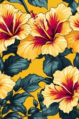 Wall Mural - Hibiscus on yellow background cartoonish seamless pattern