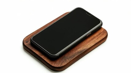 Poster - A cell phone sitting on top of a wooden stand, perfect for desk or home use