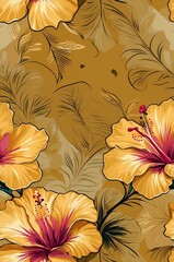 Wall Mural - Hibiscus on gold background cartoonish seamless pattern